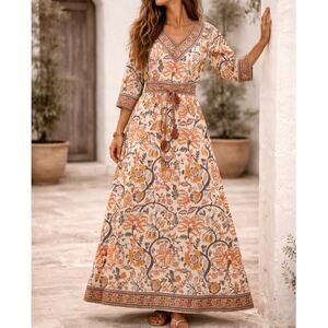 NEW Pax Philomena Cotton Floral Maxi Dress Tie Waist Tassel Cottage NWT